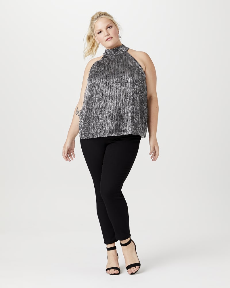 Plus size model with apple body shape wearing Teresa Metallic Halter Top by Vero Moda | Dia&Co | dia_product_style_image_id:144053